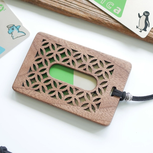 木製パスケース　和柄模様【七宝】ウォールナット